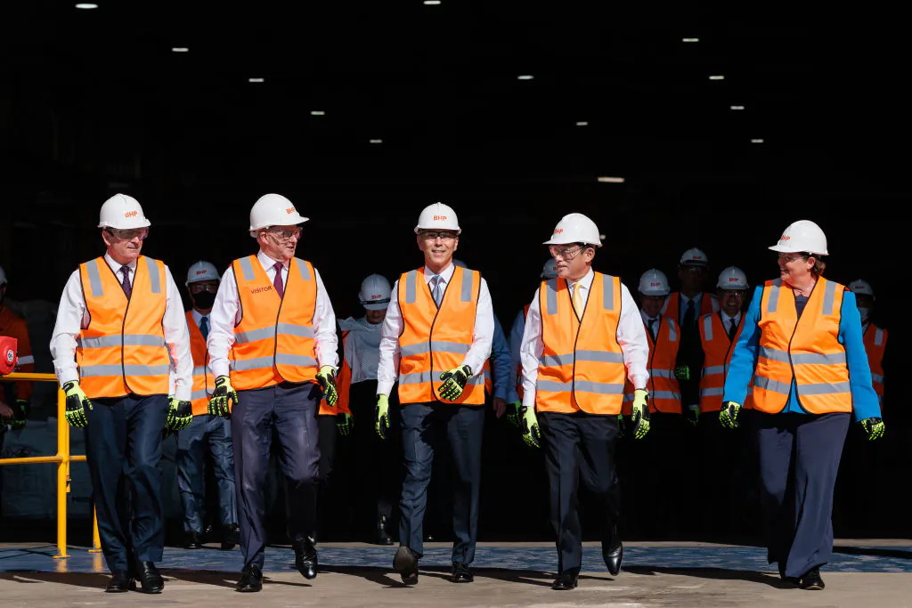 WA Premier Mark McGowan, Australian Prime Minister Anthony Albanese, BHP CEO Mike Henry, Japanese Prime Minister Fumio Kishida and Australian Minister for Resources Madeleine King visit the BHP Nickel West Kwinana Nickel Refinery in Perth, Australia, on Oct. 22, 2022. (Richard Wainwright/Pool/Getty Images)