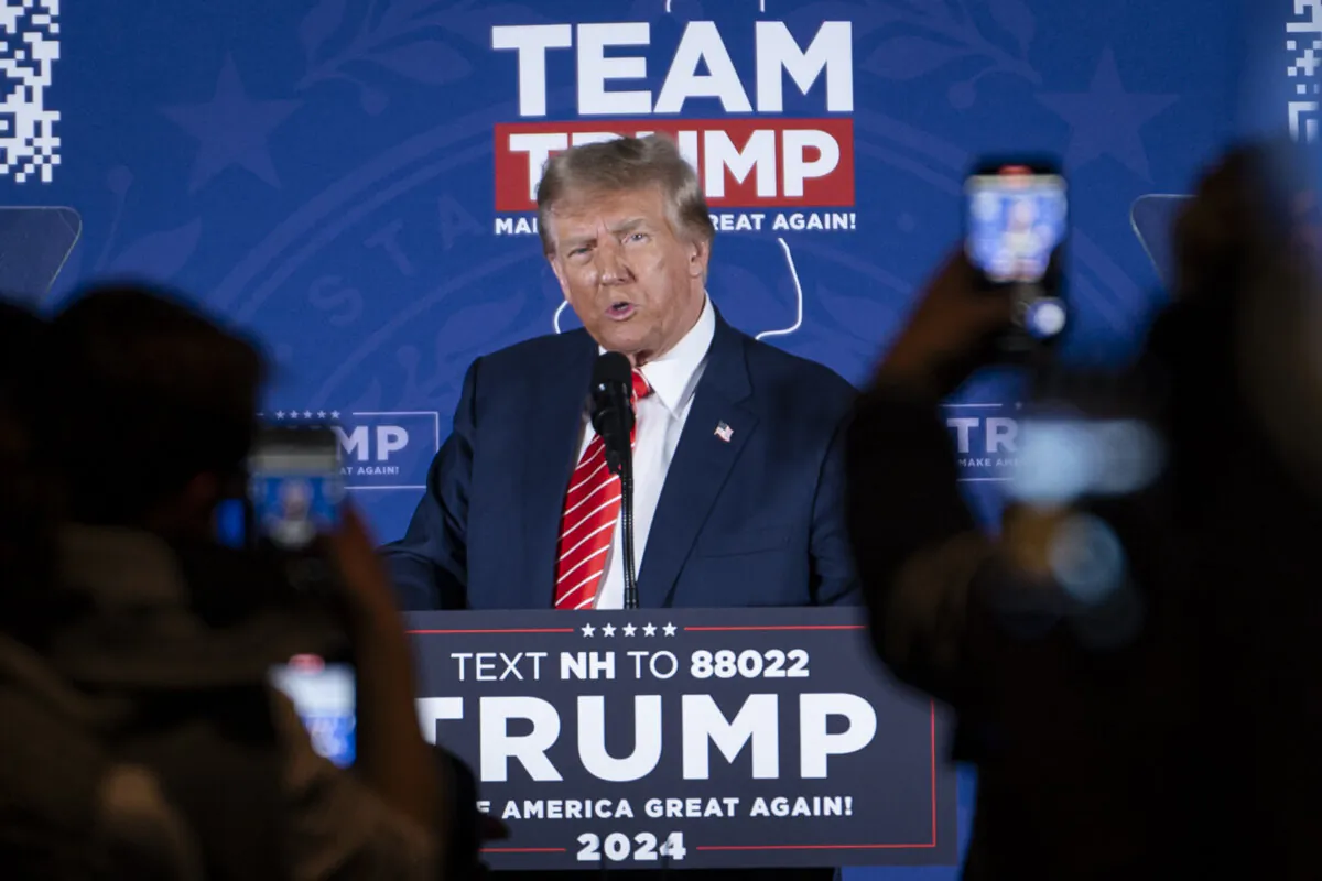 Republican presidential candidate and former President Donald J. Trump speaks at a rally in Laconia, N.H., on Jan. 22, 2024. (Madalina Vasiliu/The Epoch Times)