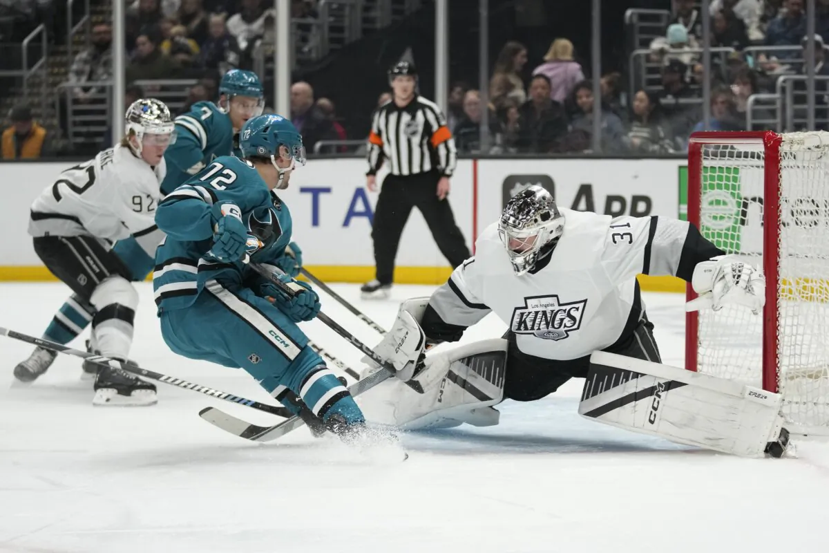 Los Angeles Kings goaltender David Rittich (31) stops a shot by San Jose Sharks left wing William Eklund (72) during the first period of an NHL hockey game in Los Angeles on Jan. 22, 2024. (Ashley Landis/AP Photo)