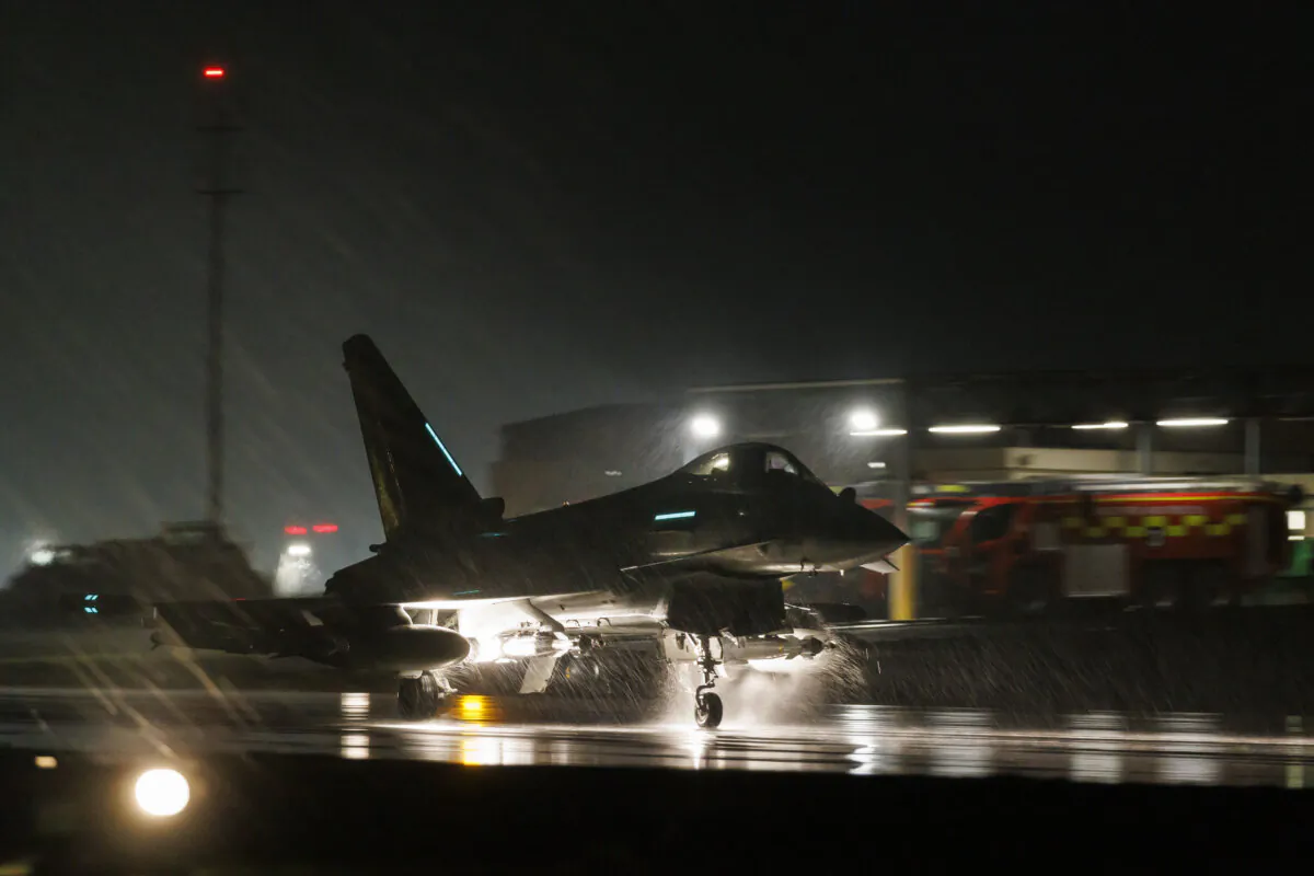 A Royal Air Force Typhoon FGR4 taking off from an unidentified base for attacks on Houthi targets in Yemen on Jan. 22, 2023. (Ministry of Defence)