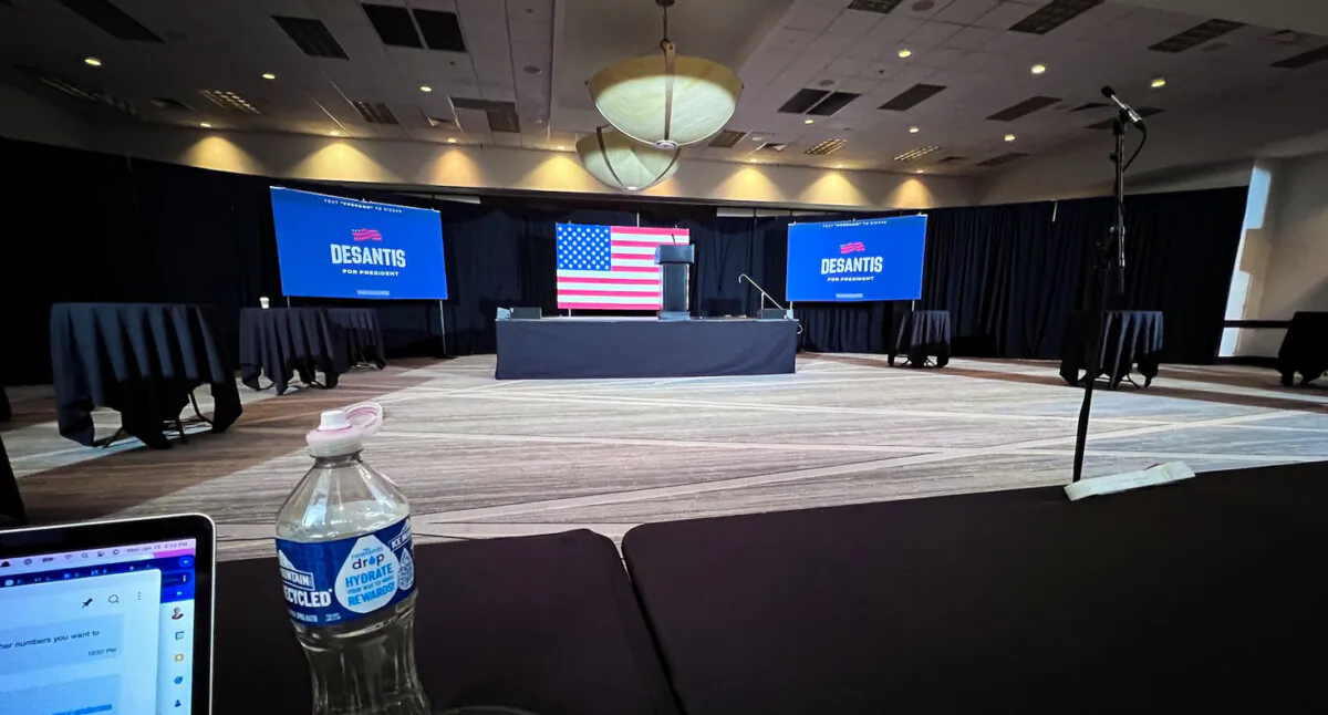 The setting is prepared for the DeSantis watch party after the Iowa caucuses in West Des Moines, Iowa, on Jan. 15, 2024. (Lawrence Wilson/The Epoch Times)
