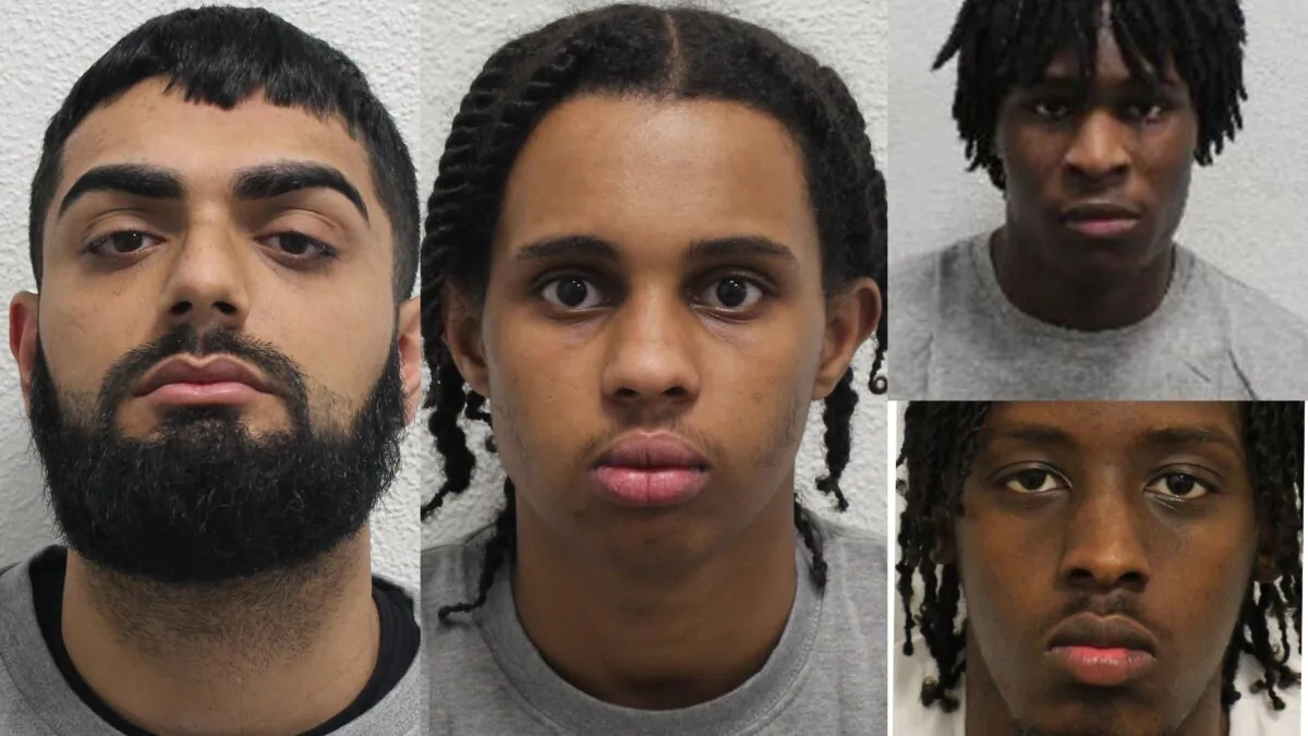 Four men - Zain Mirza (L), Ayaanle Adan (C), Chibuike Ohanweh (top R) and Mahad Gouled (bottom R) who were convicted of murdering drill rapper Giddy and jailed for life at the Old Bailey in London on Jan. 23, 2023. (Metropolitan Police)