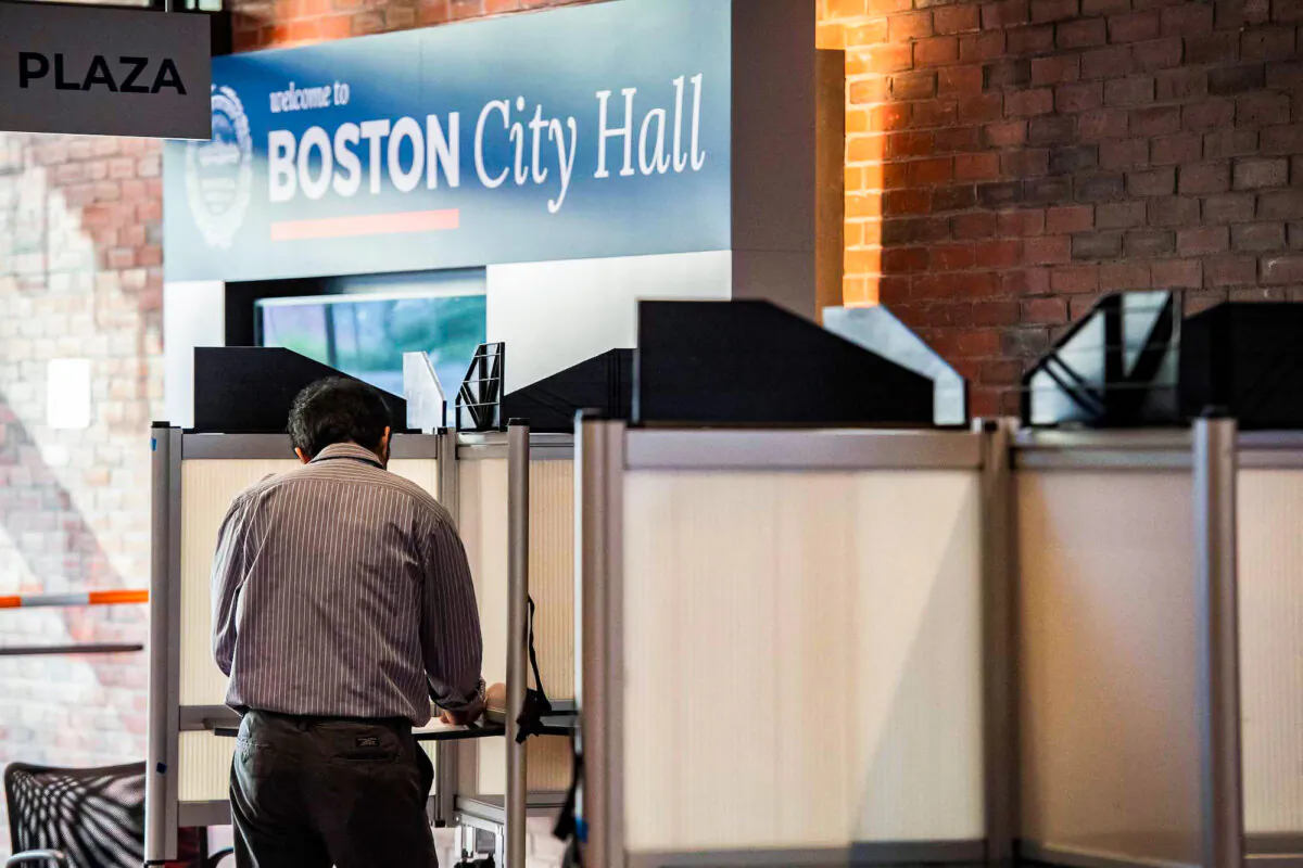A voter fills out the ballot in Boston City Hall in the midterm election, in Boston, Massachusetts on Nov. 8, 2022. (Joseph Prezioso/AFP via Getty Images)