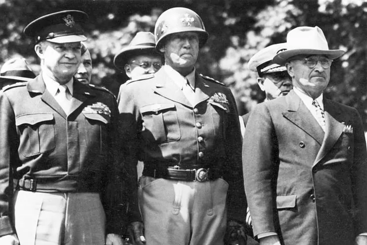 Dwight Eisenhower, George Patton, and Harry Truman pose for a photo in Berlin on July 20, 1945. (Public Domain)