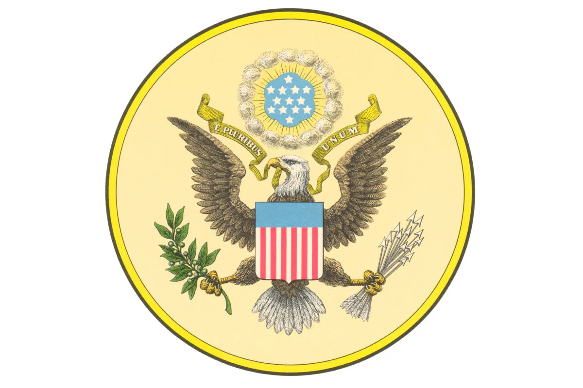 Color illustration of the federal seal of the U.S. Department of State, depicting an American eagle with the motto “E. pluribus unum.” (Archive Photos/Getty Images)