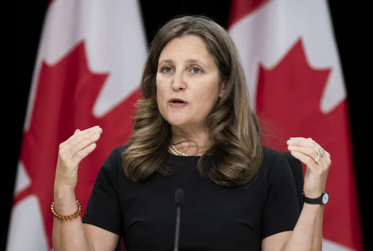 Deputy Prime Minister and Minister of Finance Chrystia Freeland responds to a question during a news conference in Ottawa on Oct. 24, 2023. (The Canadian Press/Adrian Wyld)