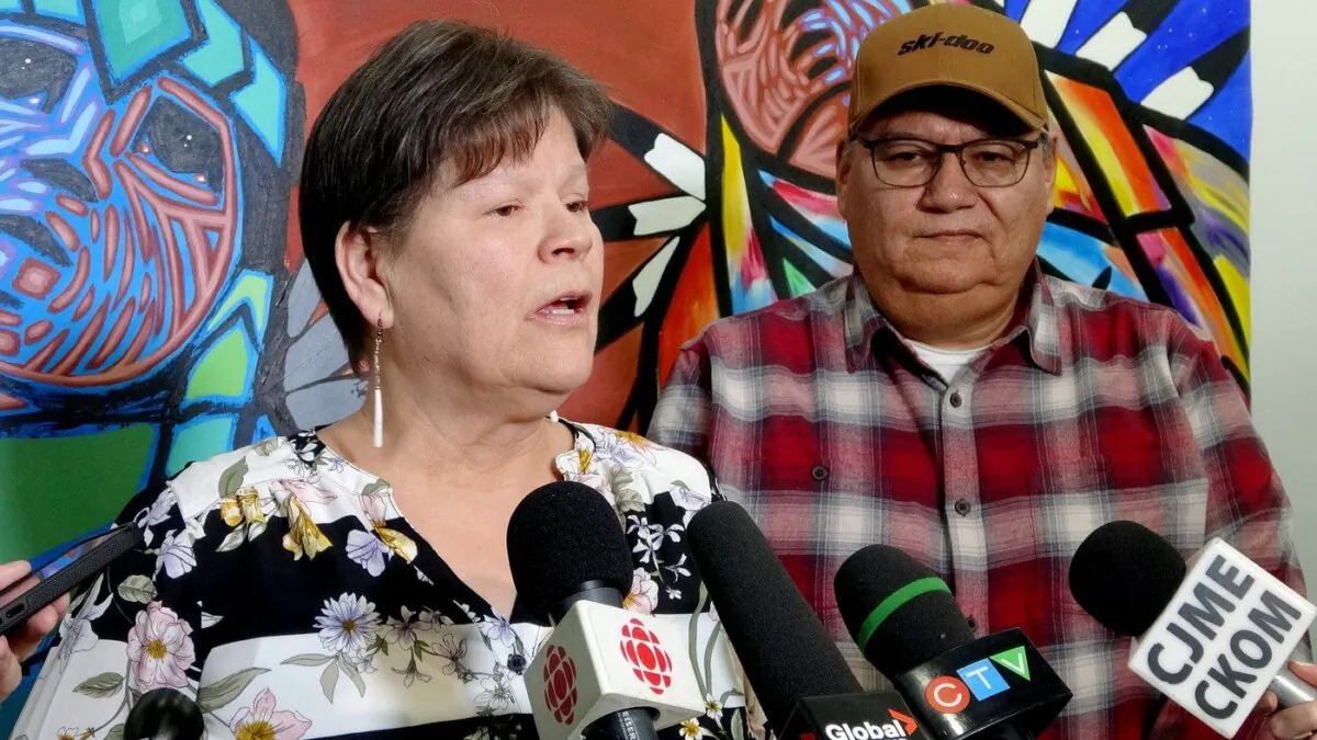 Cindy Ghostkeeper-Whitehead, a family wellness worker on the James Smith Cree Nation, and Mike Marion, the First Nation's health director in Melfort, Sask., Jan. 23, 2024. (The Canadian Press/Kelly Geraldine Malone))
