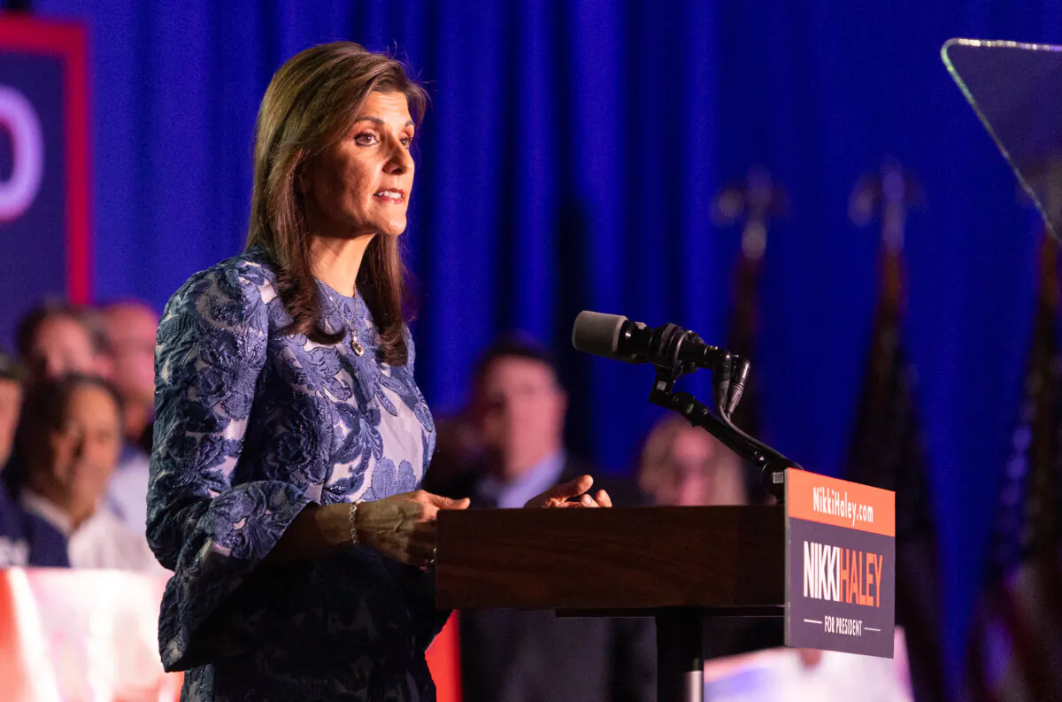 Presidential candidate Nikki Haley speaks to supporters in Concord, New Hampsire, on Jan. 23, 2024. (John Fredricks/The Epoch Times)
