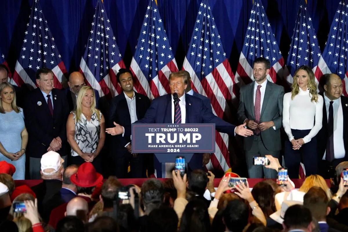 Republican presidential hopeful and former US President Donald Trump gestures as he speaks during an Election Night Party in Nashua, New Hampshire, on January 23, 2024. (Timothy A. Clary/AFP via Getty Images)