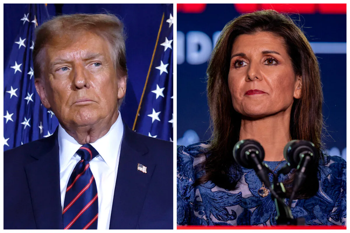 (Left) Former President Donald Trump at his primary-night party in Nashua, N.H., on Jan. 23, 2024. (Right) Former U.S. Ambassador to the U.N. Nikki Haley at her primary-night rally in Concord, N.H., on Jan. 23, 2024. (Chip Somodevilla, Brandon Bell/Getty Images)