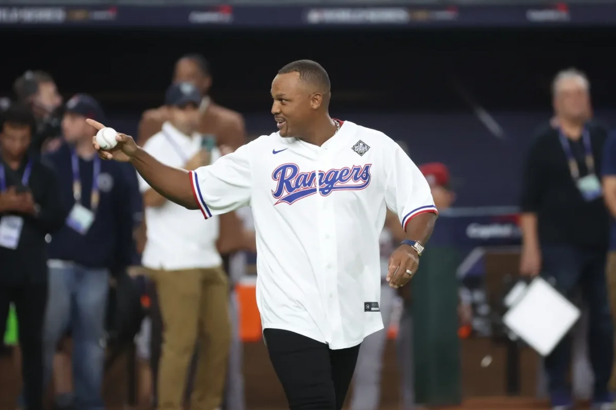 Former Texas Rangers player Adrian Beltre walks to the mound to throw out the ceremonial first pitch before the game between the Texas Rangers and the Arizona Diamondbacks in game two of the 2023 World Series at Globe Life Field in Arlington, Texas, on Oct. 28, 2023.(Kevin Jairaj/USA TODAY Sports via Field Level Media)