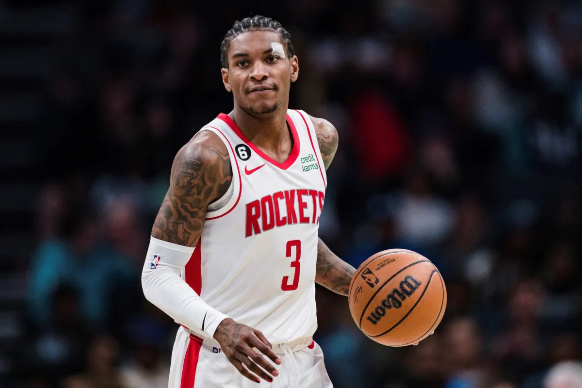 Houston Rockets guard Kevin Porter Jr. (3) brings the ball up court against the Charlotte Hornets during the second half of an NBA basketball game in Charlotte, N.C., on April 7, 2023. (Jacob Kupferman/AP Photo)