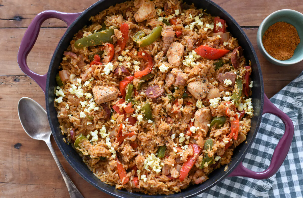 This one-pot rice dish is packed with smoky chorizo, chicken, pancetta, and bell peppers, with a pinch of Basque Country's famous pepper for a fiery kick. (Audrey Le Goff)