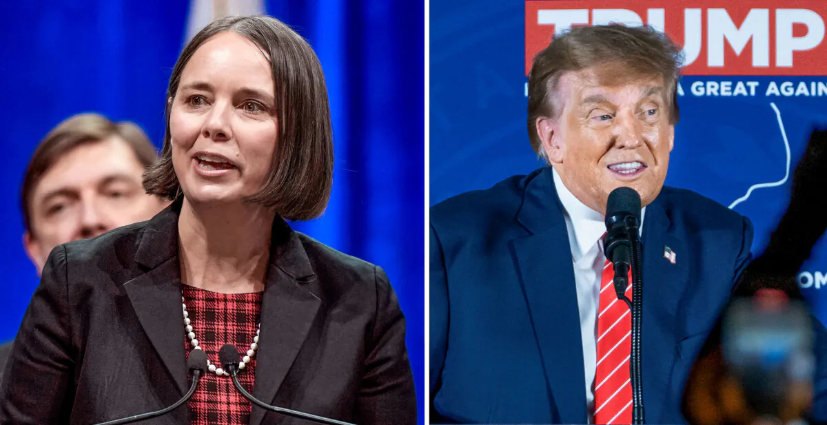(Left) Maine Secretary of State Shenna Bellows. (Robert F. Bukaty/AP Photo); (Right) Former President Donald J. Trump. (Madalina Vasiliu/The Epoch Times)