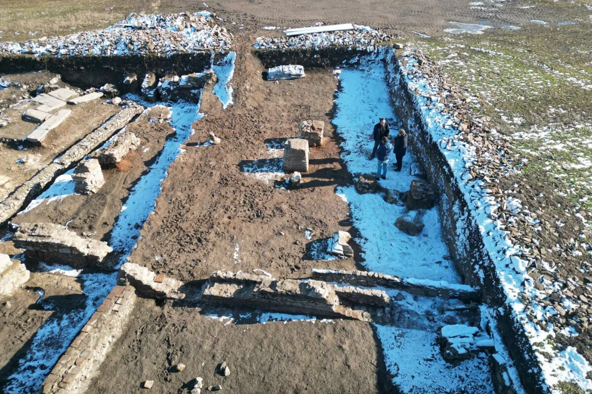 The site of an ancient Roman triumphal arch that was discovered by archaeologists at Viminacium, a former Roman settlement, near the town of Kostolac, Serbia, on Jan. 22, 2024. (Branko Filipovic/Reuters)