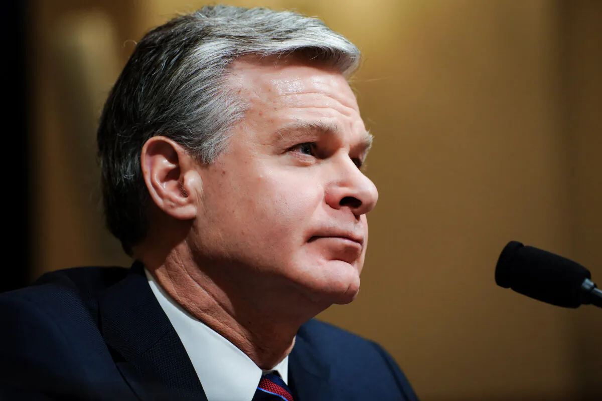 FBI director Christopher Wray testifies before the House Homeland Security Committee in Washington, on Nov. 15, 2023. (Madalina Vasiliu/The Epoch Times)
