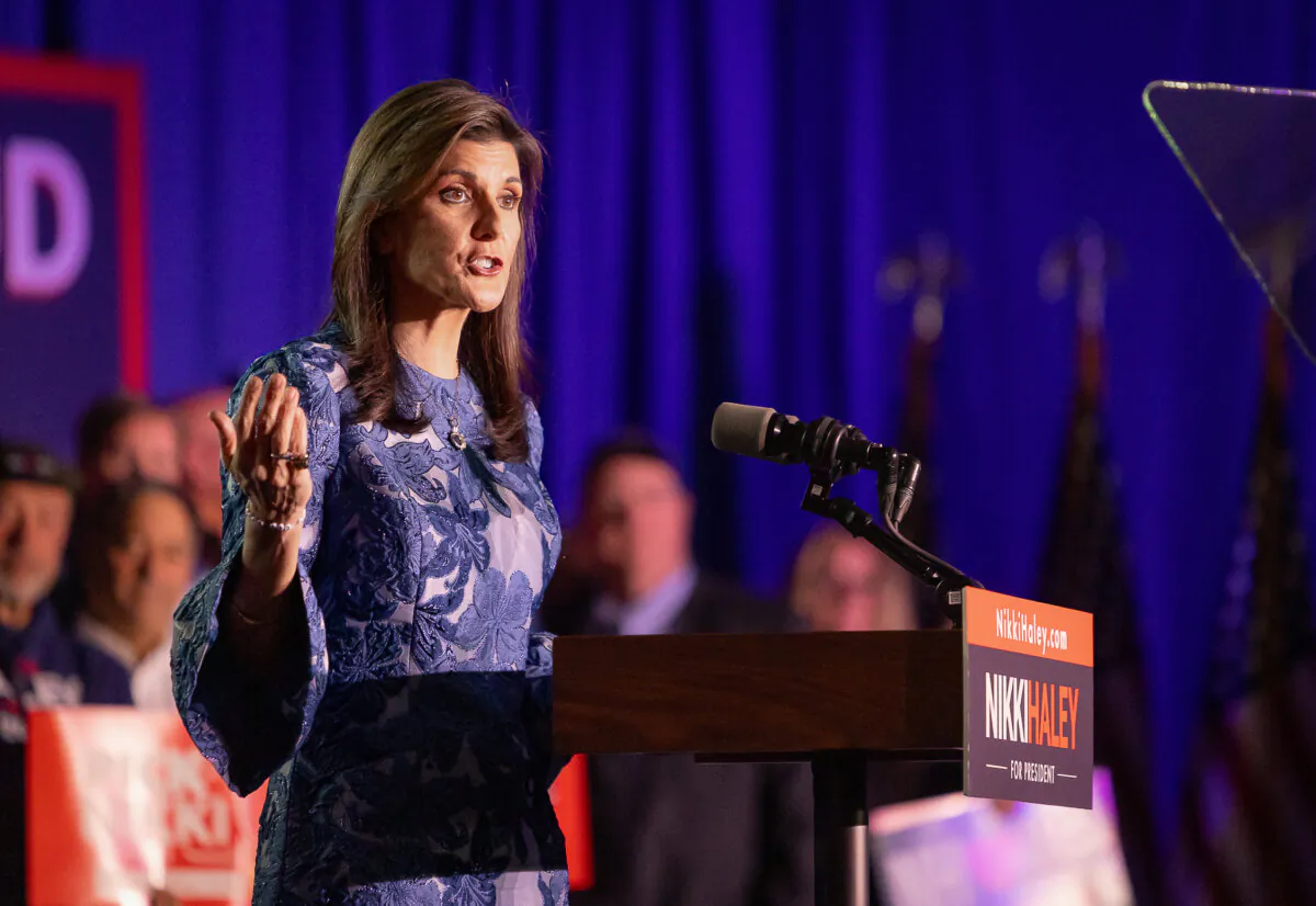 Presidential candidate Nikki Haley speaks to supporters in Concord, New Hampsire, on Jan. 23, 2024. (John Fredricks/The Epoch Times)