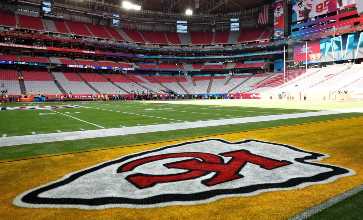 The Kansas City Chiefs logo is seen painted on the end zone before Super Bowl LVII between the Kansas City Chiefs and the Philadelphia Eagles at State Farm Stadium in Glendale, Ariz., on Feb. 12, 2023. (Christian Petersen/Getty Images)