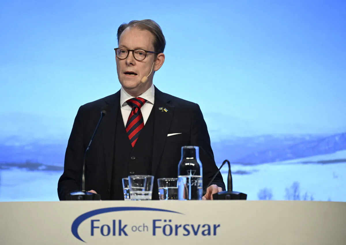 Swedish Foreign Minister Tobias Billstrom delivers a speech at the Society and Defense National Conference, in Salen, Sweden, on Jan. 7, 2024. (Pontus Lundahl/TT NEWS AGENCY/AFP via Getty Images)