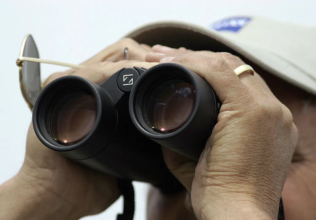 Pete Dunne of the New Jersey Audubon Society uses binoculars during the World Series of Birding, May 12, 2007, in an estuary in Cape May, N.J. (Photo STAN HONDA/AFP via Getty Images)