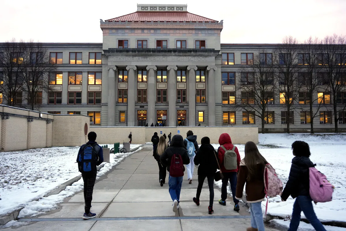Students arrive for classes at Taylor Allderdice High School in the Squirrel Hill neighborhood of Pittsburgh on Jan. 23, 2024. (Gene J. Puskar/AP Photo)