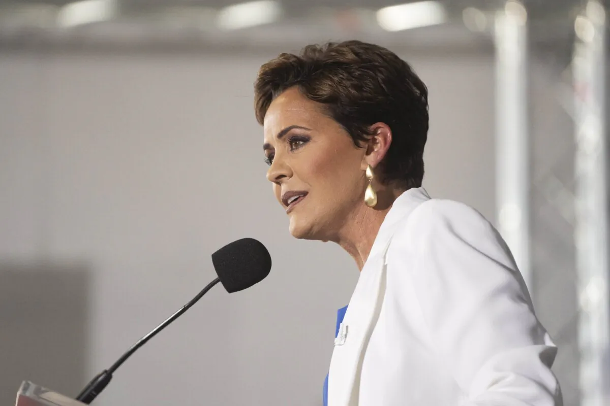 Former Arizona Republican gubernatorial candidate Kari Lake announces her bid for the seat of U.S. Sen. Kyrsten Sinema (I-Ariz.) at JetSet Magazine in Scottsdale, Ariz., on Oct. 10, 2023. (Rebecca Noble/Getty Images)