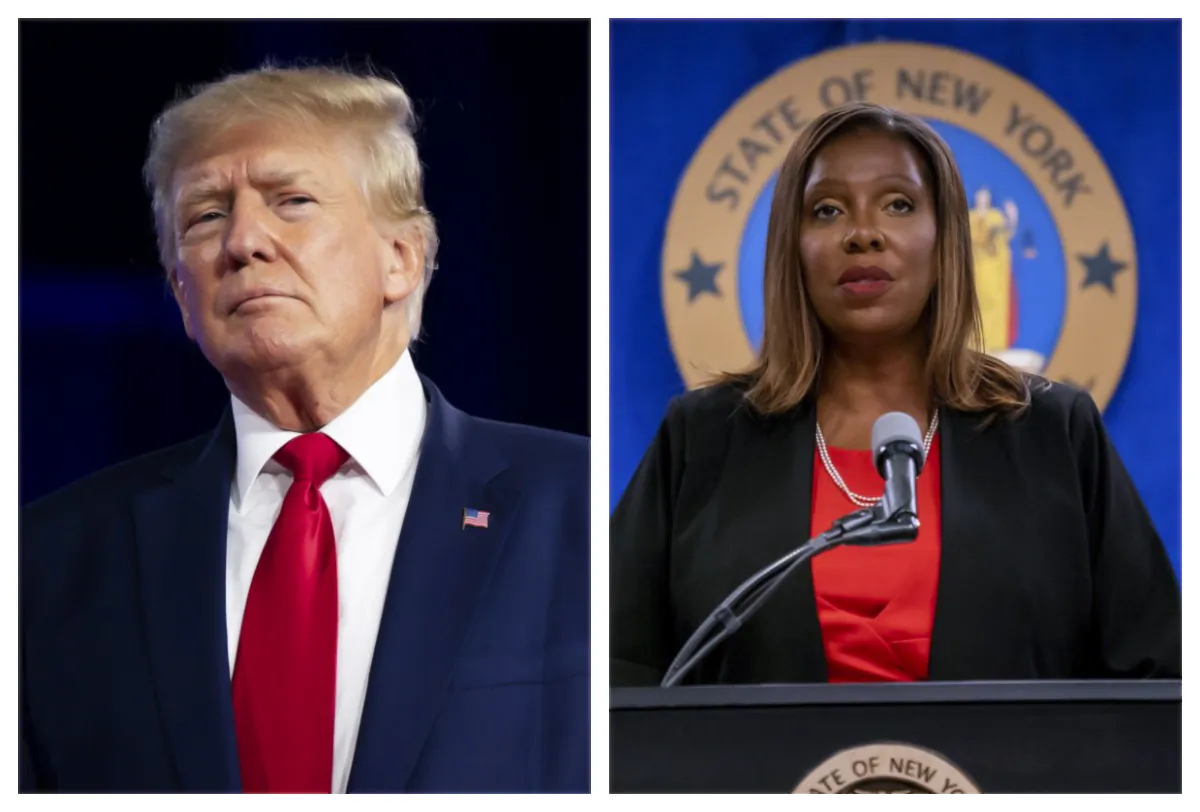 Former President Donald Trump and New York Attorney General Letitia James in file images. (Brandon Bell; David Dee Delgado/Getty Images)