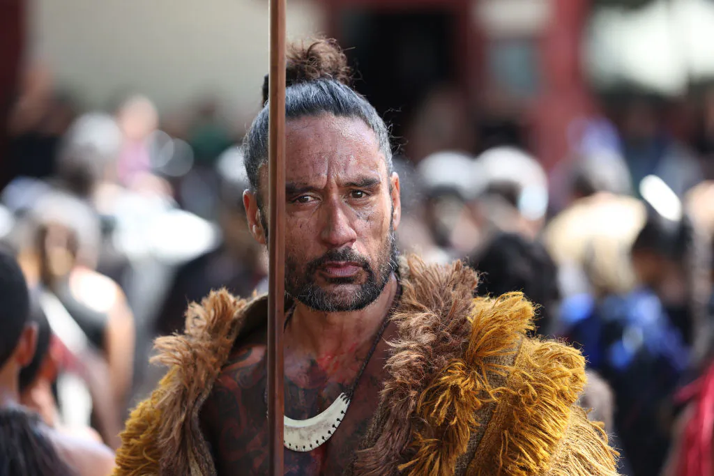 A powhiri is performed to welcome dignitaries in Waitangi, New Zealand, on Feb. 5, 2023. (Fiona Goodall/Getty Images)