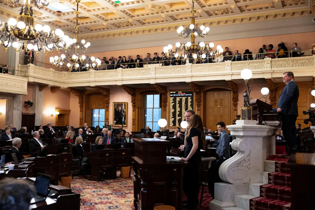 The Ohio House of Representatives Chamber as lawmakers are expected to vote on whether to override the governor's veto of a bill that would ban trans procedures for minors, at the Statehouse in Columbus, Ohio, on Jan. 10, 2024.  (Megan Jelinger/Reuters)