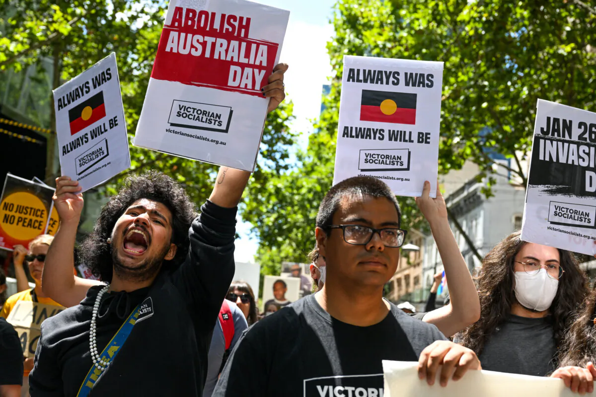 Protesters march  during an "Invasion Day" protest in Melbourne, Australia, on Jan. 26, 2023.  (Alexi J. Rosenfeld/Getty Images)