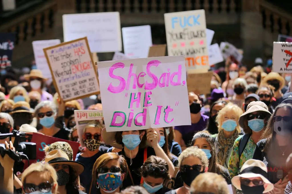 Protesters attend a rally against sexual violence and gender inequality in Sydney on March 15, 2021. (Steven Saphore/AFP via Getty Images) 