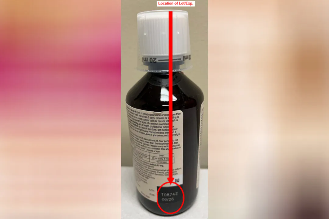 The location of the expiry date on the Robitussin Honey CF Max Day Adult bottle. (FDA)