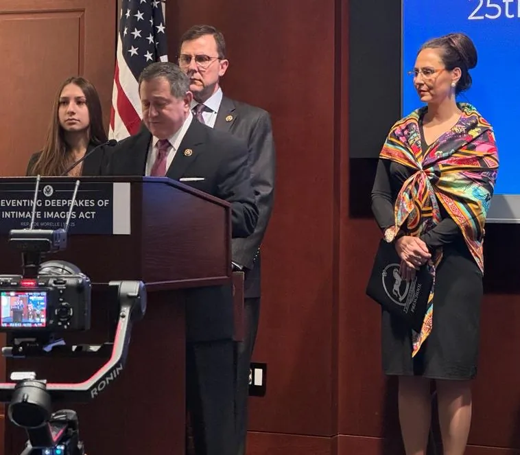 (Left to right) Francesca Mani, U.S. Rep. Joe Morelle (D-N.Y.), U.S. Rep. Tom Kean Jr. (R-N.J.), and Dorota Mani 