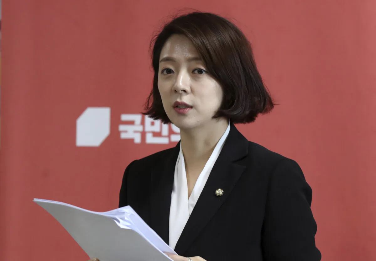 People Power Party lawmaker Bae Hyunjin speaks at the National Assembly in Seoul, South Korea, on May 31, 2023. (Go Bum-joon/Newsis via AP)