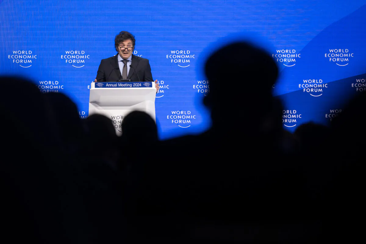 Argentina's President Javier Milei delivers a speech at the World Economic Forum (WEF) meeting in Davos on Jan. 17, 2024. (Fabrice Coffrini/AFP via Getty Images)