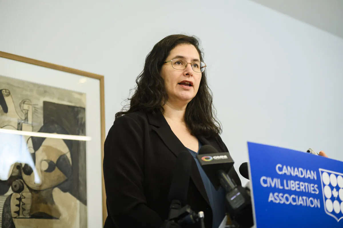 Noa Mendelsohn Aviv, executive director at Canadian Civil Liberties Association, speaks to media during a press conference in Toronto, Jan. 24, 2024. (THE CANADIAN PRESS/Christopher Katsarov)
