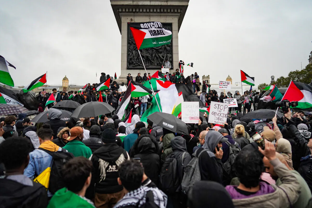 Protesters in Trafalgar Square, central London, during a pro-Palestine march organised by Stop the War Coalition and Palestine Solidarity Campaign on Oct. 21, 2023. (Stefan Rousseau/PA)