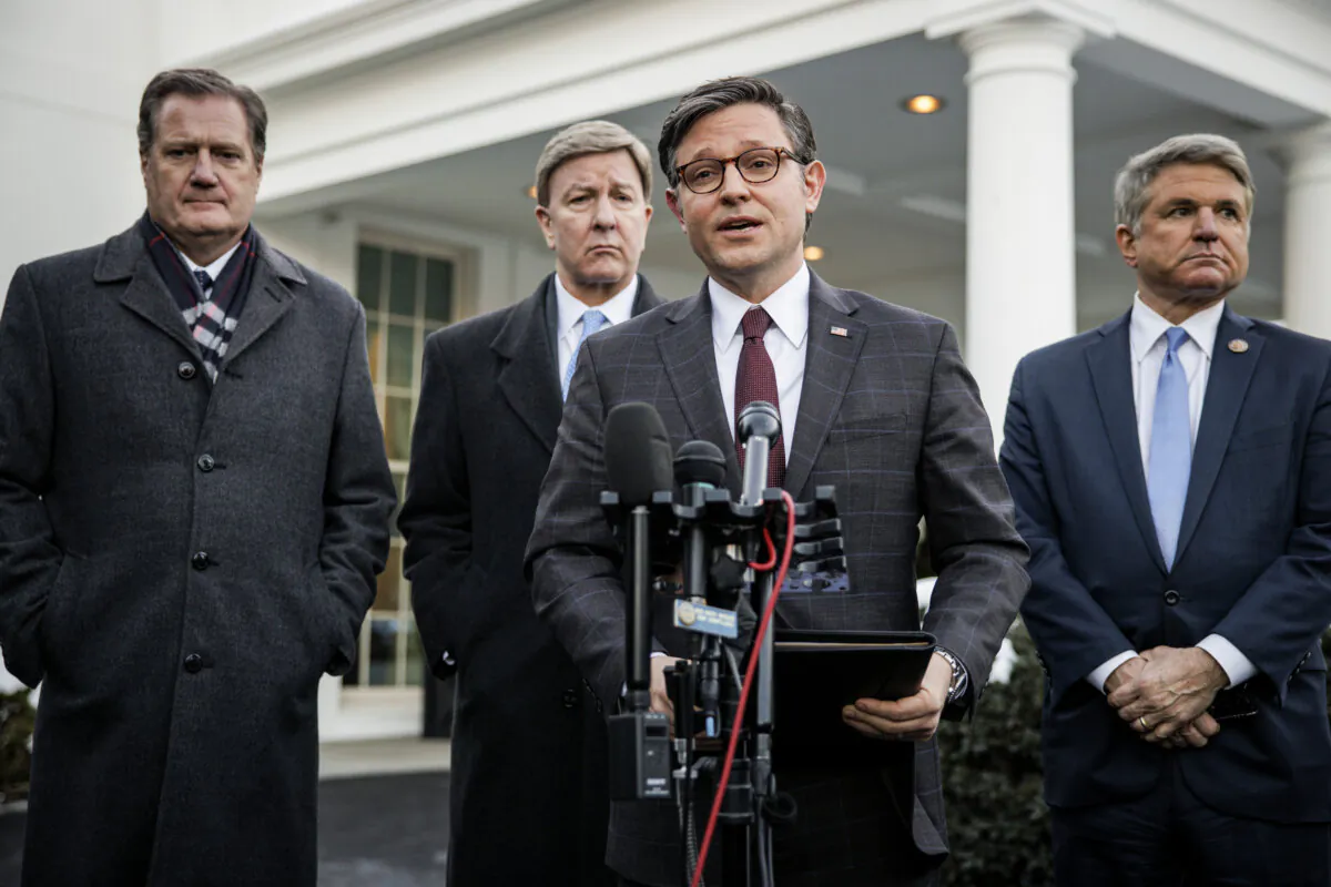 Speaker of the House Mike Johnson (R-La.) makes a statement alongside (L-R) U.S. Representatives Mike Turner (R-Ala.), Mike Rogers (R-Ohio), and Mike McCaul (R-Texas) on January 17, 2024 outside the White House in Washington. (Samuel Corum/Getty Images)