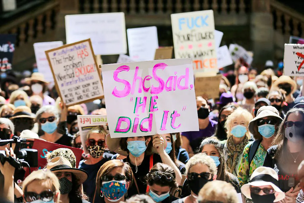 Protesters attend a rally against sexual violence and gender inequality in Sydney on March 15, 2021. (Steven Saphore/AFP via Getty Images) 