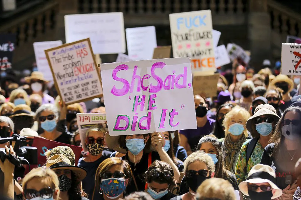 Protesters attend a rally against sexual violence and gender inequality in Sydney, Australia, on March 15, 2021. (Steven Saphore/AFP via Getty Images)