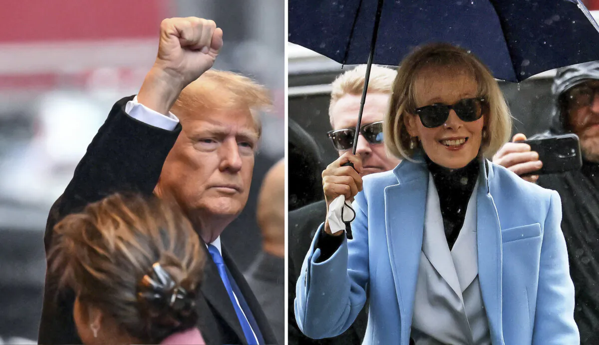 (Left) Former President Donald Trump in New York on Jan. 25. (Angela Weiss/AFP via Getty Images) / (Right) E. Jean Carroll at Manhattan Federal Court on Jan. 25. (Michael M. Santiago/Getty Images)