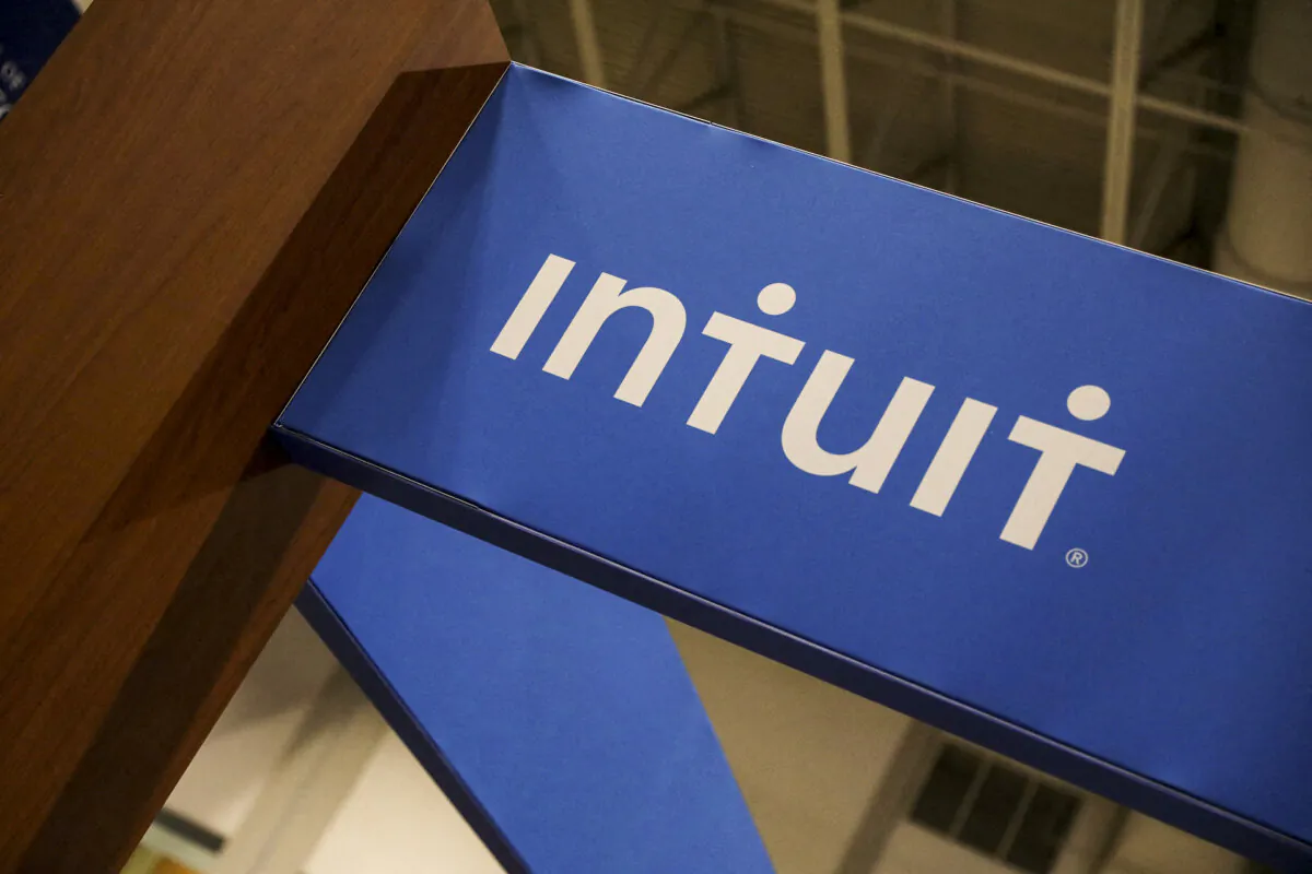 FILE PHOTO: The logo of financial software company Intuit is displayed at the Collision conference in Toronto, Ontario, Canada June 23, 2022. REUTERS/Chris Helgren/File Photo