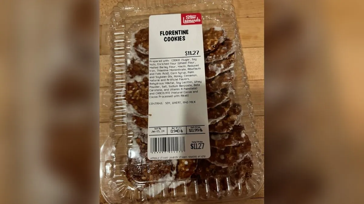 Stew Leonard's grocery store chain recalled its seasonal Florentine cookies on Jan. 25, 2024, because the label did not indicate the presence of peanuts, resulting in a woman's death. (Courtesy of Connecticut Department of Consumer Protection)