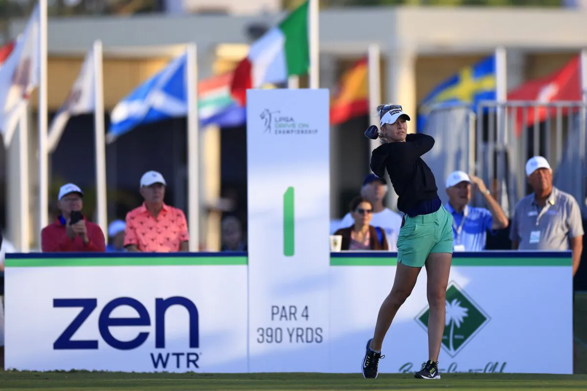 Nelly Korda of the United States plays her shot from the first tee during the first round of the LPGA Drive On Championship in Bradenton, Fla., on January 25, 2024. (Mike Ehrmann/Getty Images)