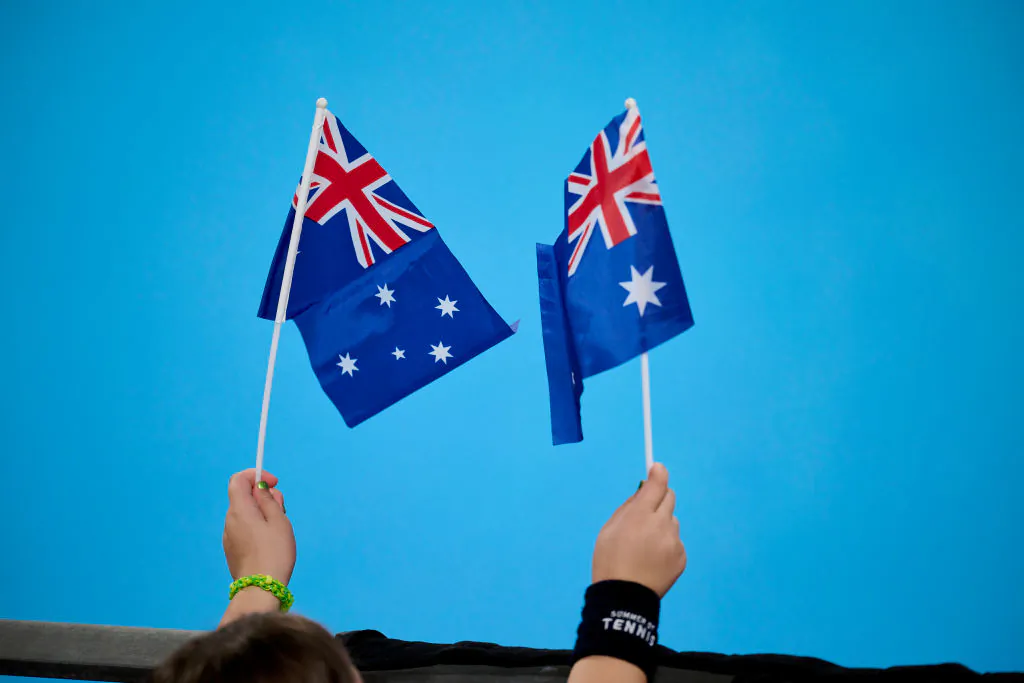 Australian flags are pictured in the semi-final match between Alex De Minaur of Australia and Alexander Zverev of Germany during the 2024 United Cup at Ken Rosewall Arena in Sydney, Australia, on Jan. 6, 2024. (Brett Hemmings/Getty Images)