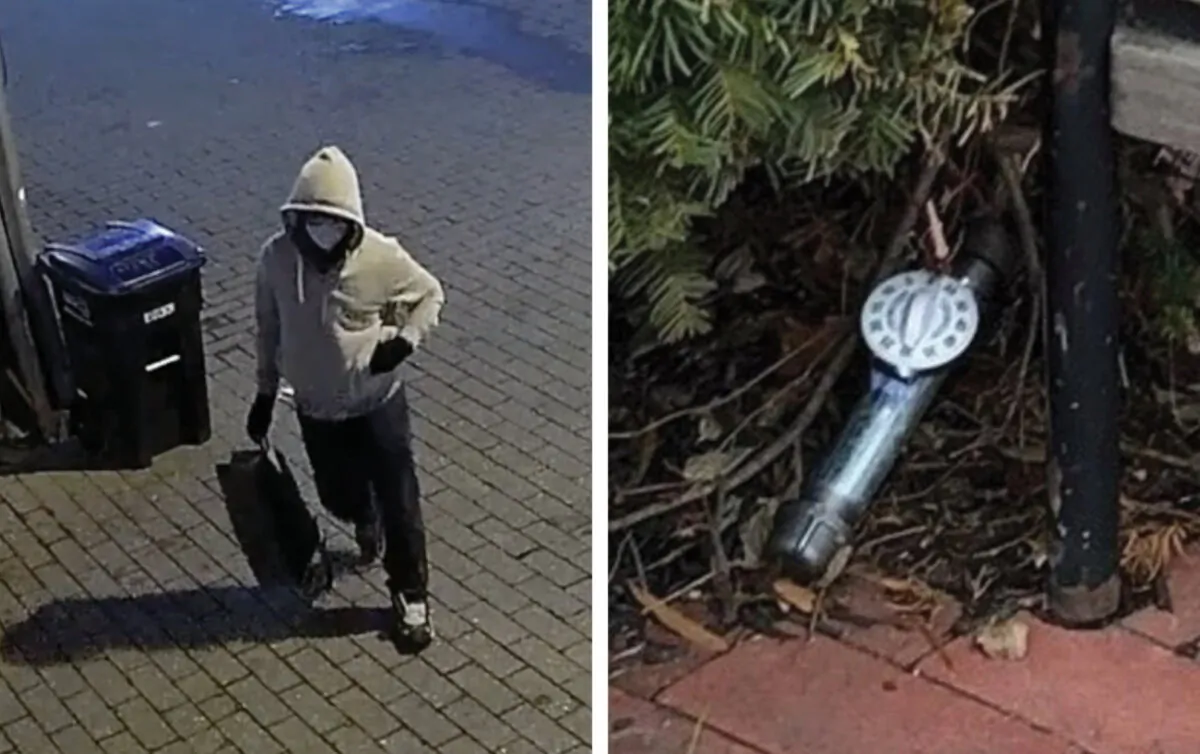 (Left) The Jan. 6 pipe-bomb suspect walks a route from the Democratic National Committee headquarters to the Capitol Hill Club on Jan. 5, 2021. (Right) A pipe bomb photographed on Jan. 6, 2021. (Courtesy of the FBI)