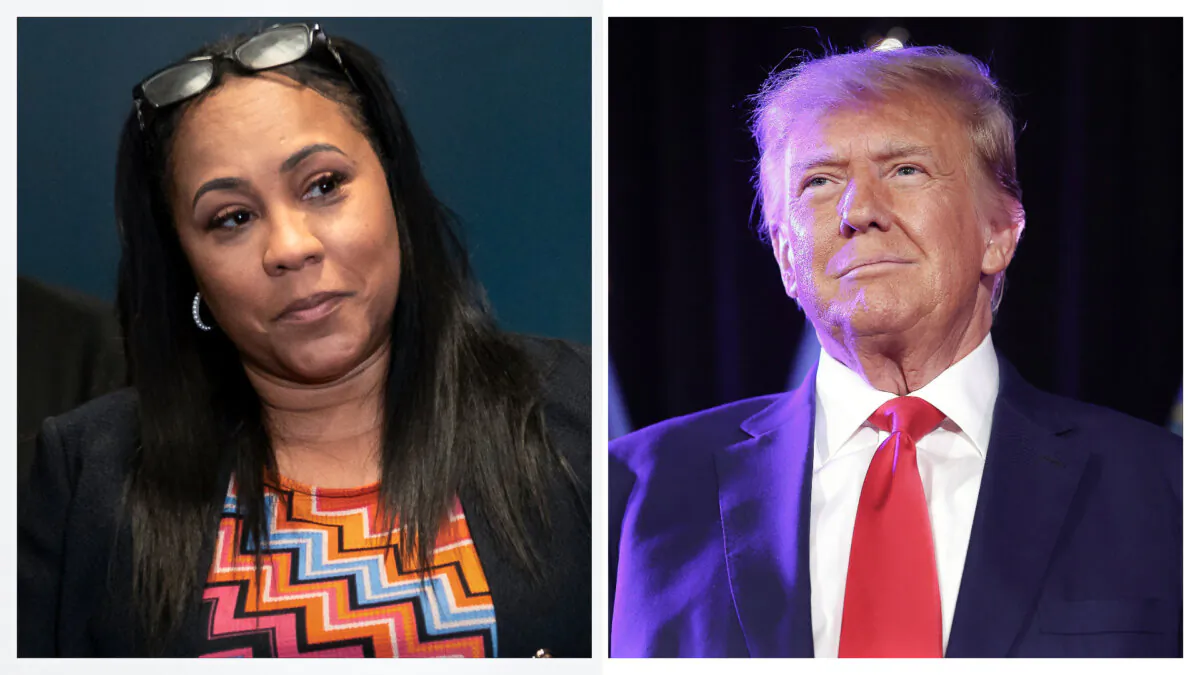 (Left) Fulton County District Attorney Fani Willis at the Atlanta Police headquarters in Atlanta on May 3, 2023. (Right) Former President Donald Trump prepares to deliver remarks in Las Vegas on July 8, 2023. (Megan Varner; Mario Tama/Getty Images)