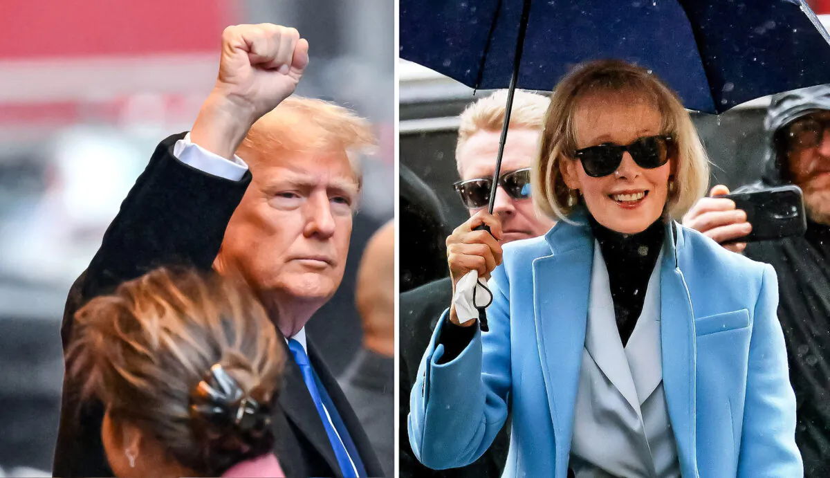 (Left) Former President Donald Trump in New York on Jan. 25, 2024. (Right) E. Jean Carroll at Manhattan Federal Court, on Jan. 25, 2024. (Angela Weiss/AFP via Getty Images; Michael M. Santiago/Getty Images)