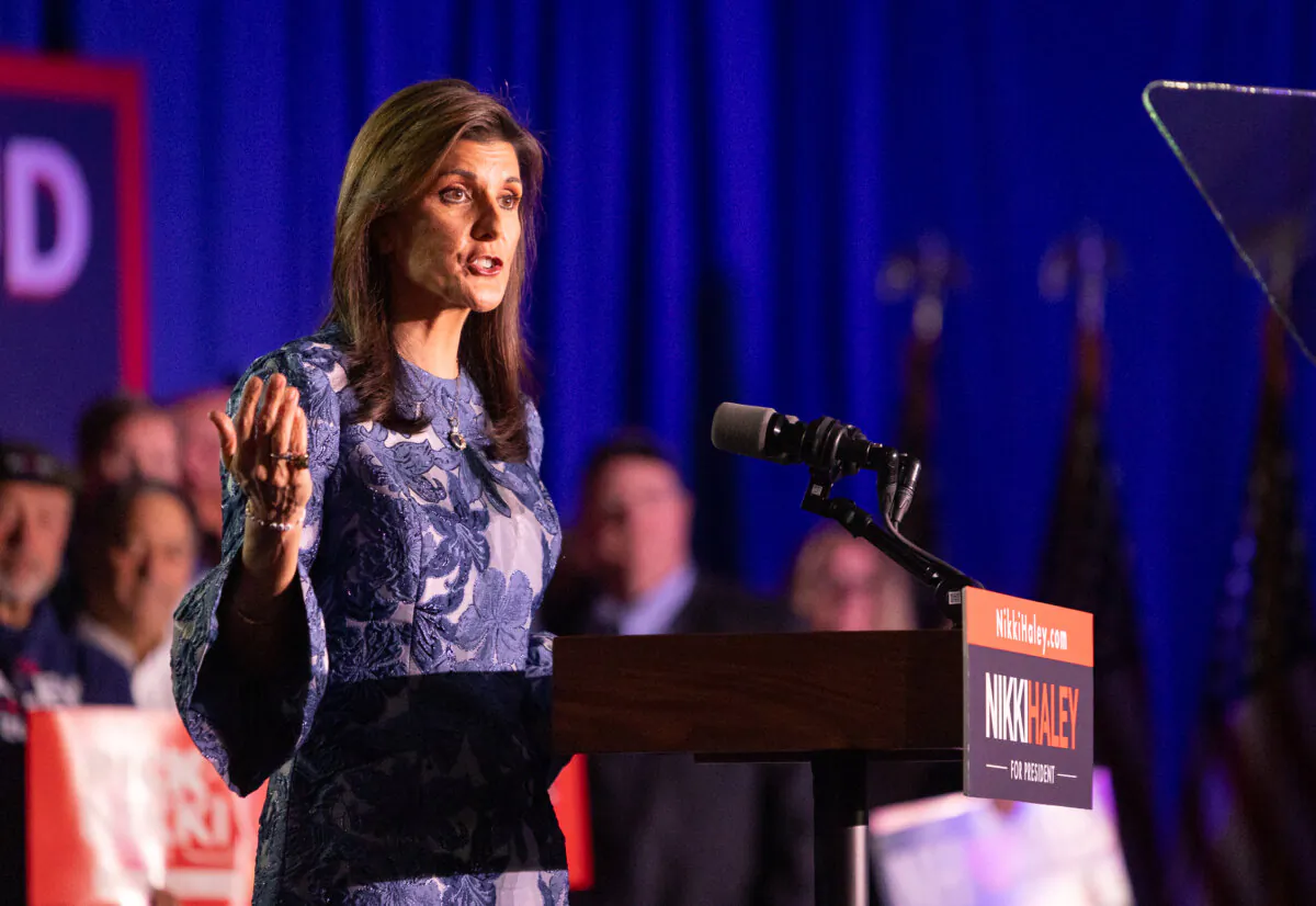 Presidential candidate Nikki Haley speaks to supporters in Concord, N.H., on Jan. 23, 2024. (John Fredricks/The Epoch Times)