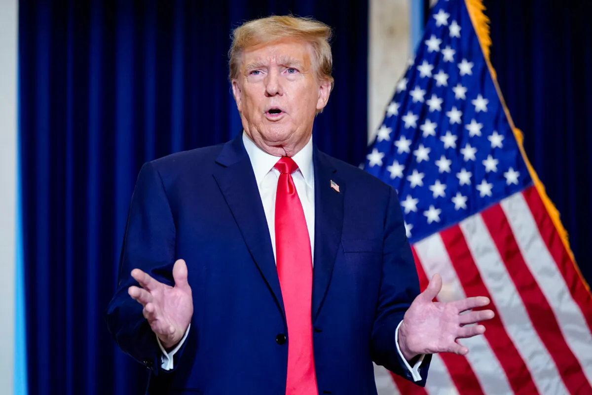 Former President Donald Trump speaks to the media at a Washington hotel on Jan. 9, 2024, after attending a hearing before the D.C. Circuit Court of Appeals at the federal courthouse in Washington. (AP Photo/Susan Walsh)